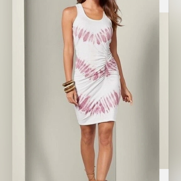 VENUS Dresses & Skirts - VENUS Women's Tie Dye Ruched Lounge Dress White & Purple Cotton Blend XS